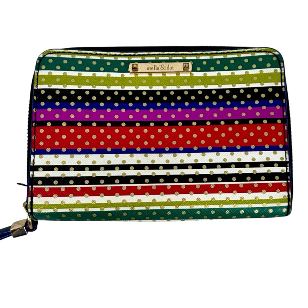 Stella & Dot Chelsea Tech Multi Colour Striped Gold Dot Polka Dot Zip Wallet
